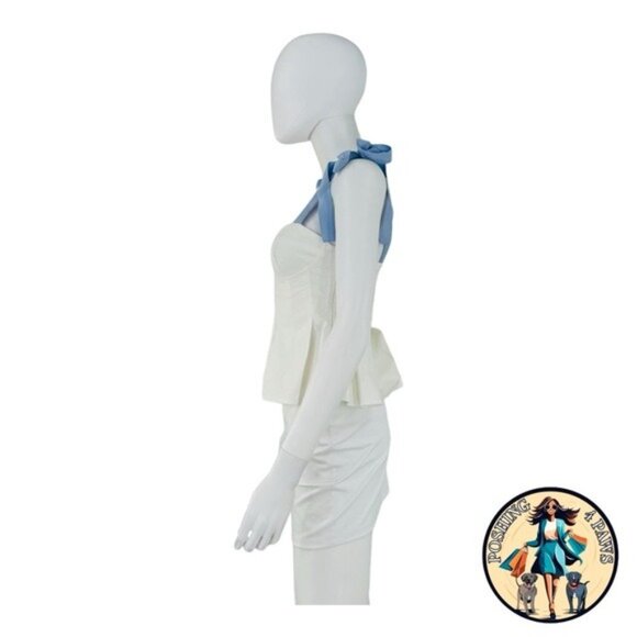 Hyacinth House NEW White and Blue Ophelia Bow Preppy Peplum Top Size Large - Picture 5 of 8